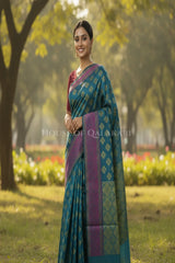 Peacock Blue Banarasi Cotton Patola Saree with Floral geometric woven butis