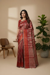 Brick Red Banarasi Cotton Patola Saree with Ikat-inspired tribal geometric motifs