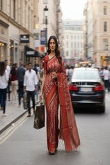 Brick Red Banarasi Cotton Patola Saree with Ikat-inspired tribal geometric motifs