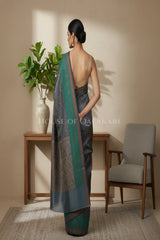 Grey Banarasi Cotton Patola Saree with Tribal geometric jaal weave