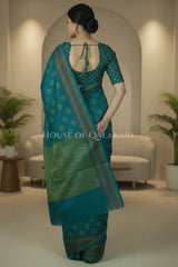 Green Blue Banarasi Mulmul cotton patola Saree with antique silver Nakshi Phool Booti & contrast copper Border
