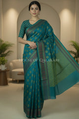 Green Blue Banarasi Mulmul cotton patola Saree with antique silver Nakshi Phool Booti & contrast copper Border