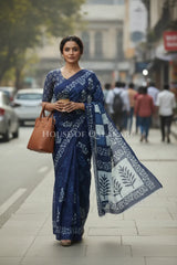 Indigo Blue Bagru Mulmul cotton Saree with Off-White Prints and floral vine border