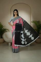 Pink & Black Bagru Mulmul Cotton Saree with Off-White Floral Buti Prints