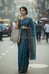 Teal Blue Banarasi Mulmul cotton patola Saree with Nakshi Phool Booti & contrast copper Border