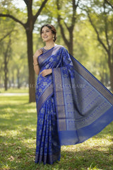 Blue Banarasi Mulmul cotton patola Saree with Stepped Chaukadi Buti Jaal & contrast antique gold Border