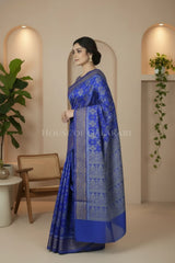 Blue Banarasi Mulmul cotton patola Saree with Stepped Chaukadi Buti Jaal & contrast antique gold Border
