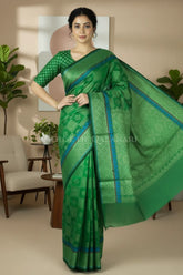 Green Banarasi Mulmul cotton patola Saree with Geometric square checks