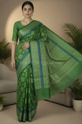 Mehndi Green Banarasi Mulmul cotton patola Saree with Geometric square checks
