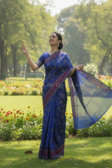 Blue Banarasi Mulmul cotton patola Saree with geometric resham butis & contrast wine Border