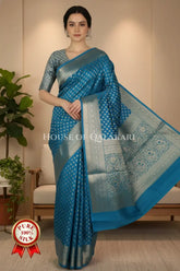Blue Munga Pure Silk Banarasi Saree with Zari floral Motifs