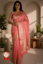 Salmon Pink Munga Pure Silk Banarasi Saree with Zari floral Motifs