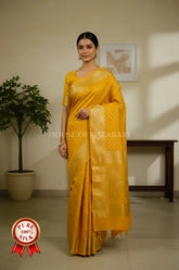 Marigold Yellow Munga Pure Silk Banarasi Saree with Zari floral Motifs