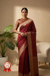 Maroon Munga Pure Silk Banarasi Saree with Zari floral Motifs