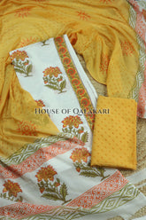 Pure Cotton Ivory & Mustard Yellow Floral Hand Block Print Unstitched Suits