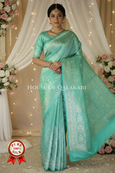 Banarasi Pure Silk Saree in Aqua Green with Intricate Zari jamewaar jaal and heavy blouse