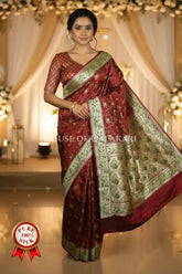 Banarasi Pure Satin Silk Shikargah Saree in Maroon with Green Border
