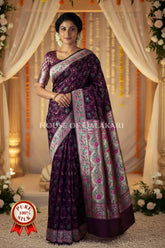 Banarasi Pure Satin Silk Shikargah Saree in wine with pink & green floral border