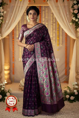 Banarasi Pure Satin Silk Shikargah Saree in wine with pink & green floral border