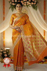 Banarasi Pure Satin Silk Shikargah Saree in rusty orange with pink & green floral border