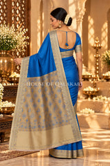 Blue Jamewaar Work Banarasi Silk Saree with Ivory Zari Border and Pallu