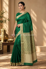 Green Jamewaar Work Banarasi Silk Saree with Ivory Zari Border and Pallu