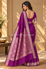 Banarasi Silk Jamewaar Saree in Magenta with Zari Butis & Floral Jaal Pallu