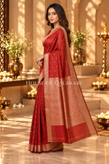Banarasi Silk Jamewaar Saree in Red with Zari Butis & Floral Jaal Pallu
