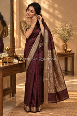 Banarasi Silk Jamewaar Saree in Chocolate Brown with Zari Butis & Floral Jaal Pallu