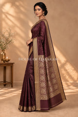 Banarasi Silk Jamewaar Saree in Chocolate Brown with Zari Butis & Floral Jaal Pallu