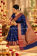 Banarasi Silk Saree in Navy Blue with Dual-Tone Zari Butis & Floral Jaal Pallu