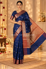 Banarasi Silk Saree in Navy Blue with Dual-Tone Zari Butis & Floral Jaal Pallu