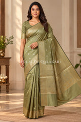 Banarasi Silk Saree in Light Khaki Green with Dual-Tone Zari Butis & Floral Jaal Pallu