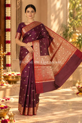 Banarasi Silk Saree in Deep Coffee Brown with Dual-Tone Zari Butis & Floral Jaal Pallu