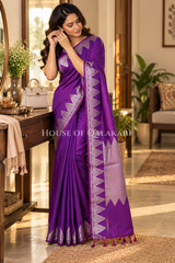 Silk Banarasi Saree in Dark Purple with Triangle Zari Border