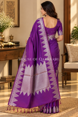 Silk Banarasi Saree in Dark Purple with Triangle Zari Border
