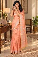 Silk Banarasi Saree in Light Peach with Triangle Zari Border