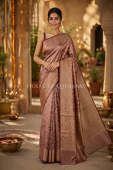 Banarasi Crepe Tissue Sarees with Zari Jaal work and heavy pallu in Rose Copper