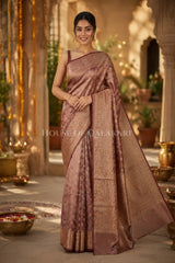 Banarasi Crepe Tissue Sarees with Zari Jaal work and heavy pallu in Rose Copper