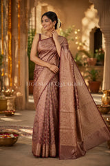 Banarasi Crepe Tissue Sarees with Zari Jaal work and heavy pallu in Rose Copper