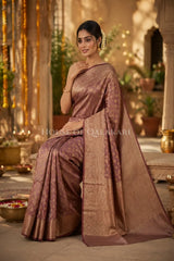 Banarasi Crepe Tissue Sarees with Zari Jaal work and heavy pallu in Rose Copper