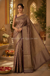 Banarasi Crepe Tissue Sarees with Zari Jaal work and heavy pallu in Ash Mocha