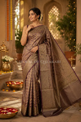 Banarasi Crepe Tissue Sarees with Zari Jaal work and heavy pallu in Ash Mocha