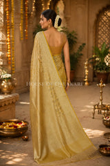 Banarasi Crepe Tissue Sarees with Zari Jaal work and heavy pallu in Mustard Gold