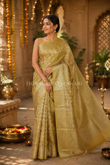 Banarasi Crepe Tissue Sarees with Zari Jaal work and heavy pallu in Mustard Gold