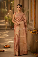 Banarasi Crepe Tissue Sarees with Zari Jaal work and heavy pallu in Peach Terracotta