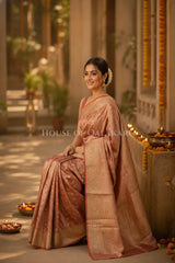 Banarasi Crepe Tissue Sarees with Zari Jaal work and heavy pallu in Peach Terracotta