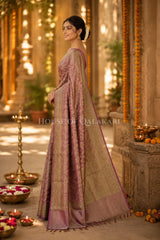 Banarasi Crepe Tissue Sarees with Zari Jaal work and heavy pallu in Mauve Pink