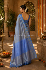 Banarasi Plain Tissue Sarees with Zari Buti border and plain pallu in Powder Blue