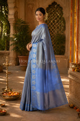 Banarasi Plain Tissue Sarees with Zari Buti border and plain pallu in Powder Blue